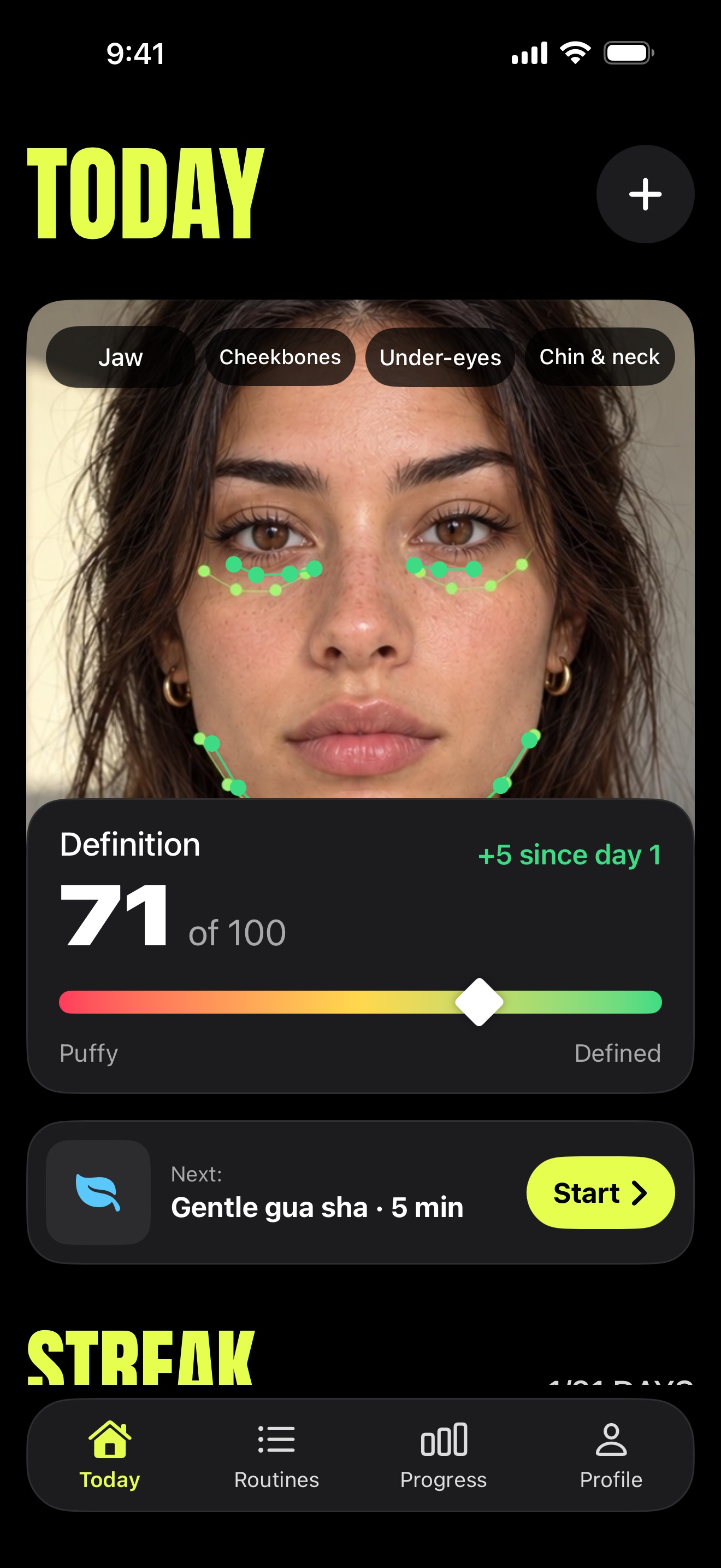 Deshincha Today screen: definition index 71 of 100, +5 since day 1, and the next routine of the day.