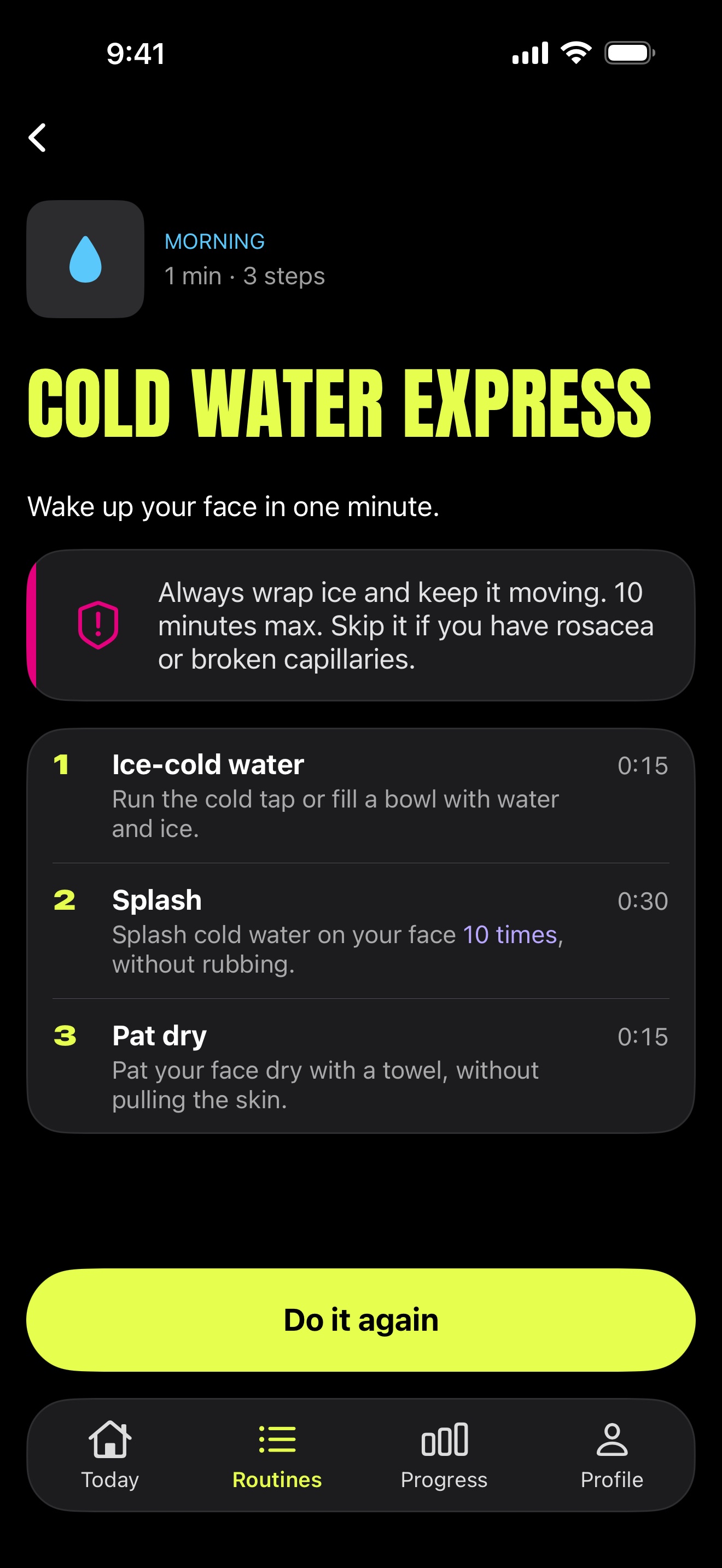 Cold water express routine detail: 3 steps, 1 minute, with a safety note.