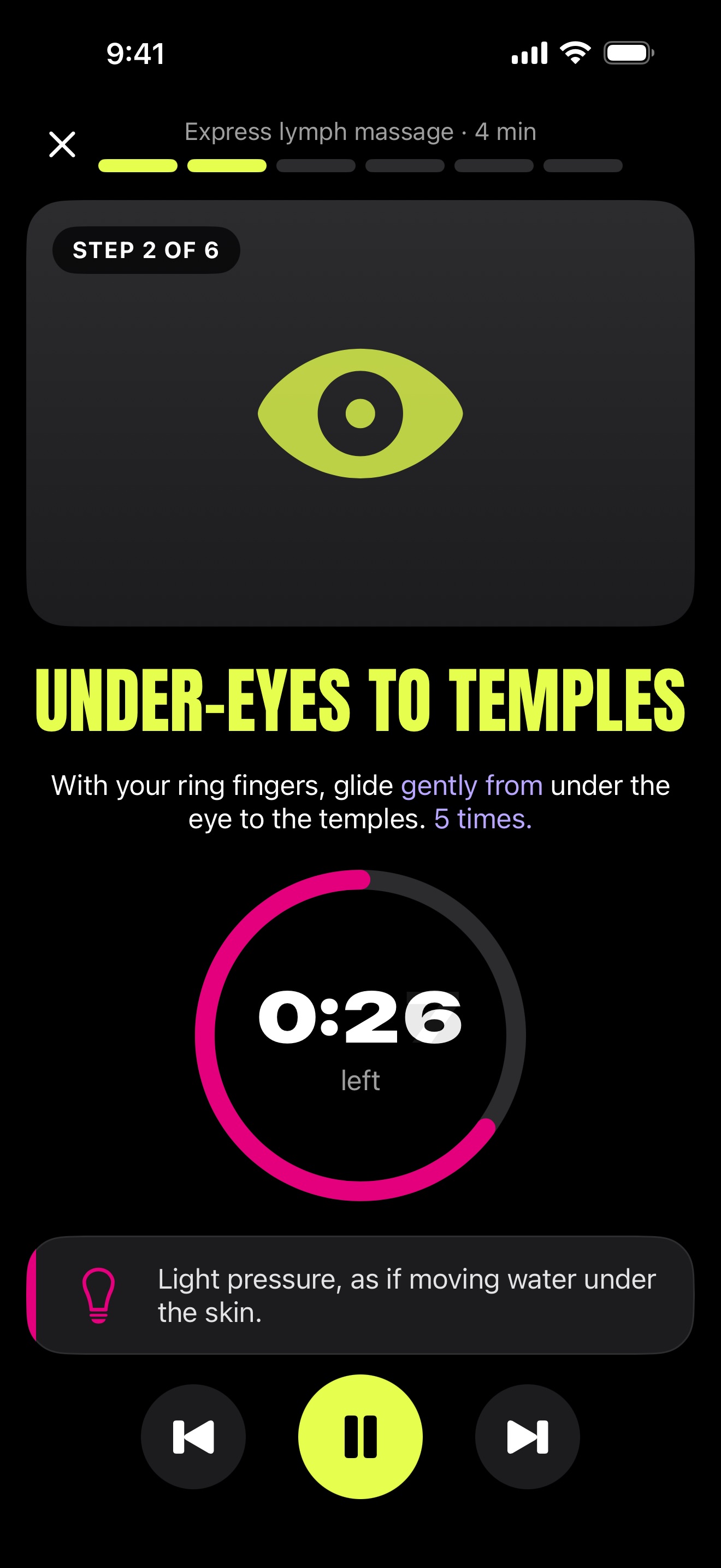Routine player: step 2 of 6 of Express lymph massage with a timer.