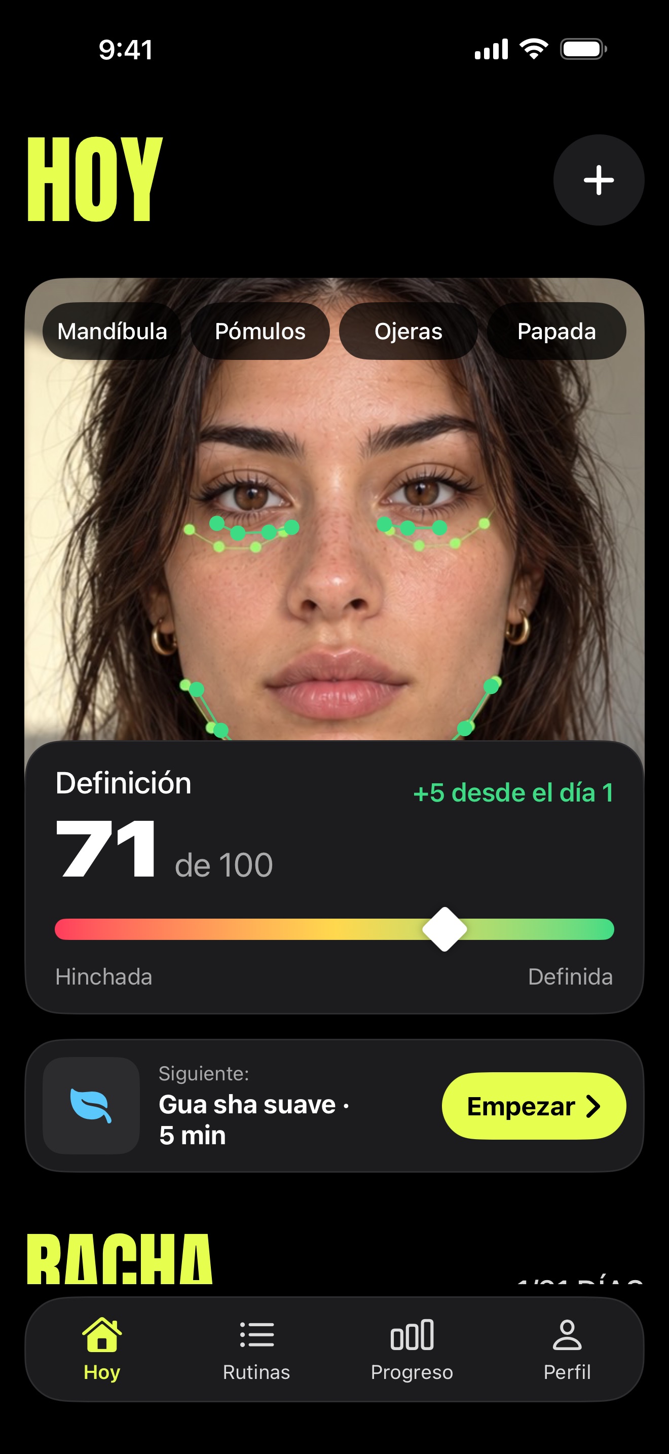 Pantalla Hoy de Deshincha: índice de definición 71 de 100, +5 desde el día 1, y la siguiente rutina del día.