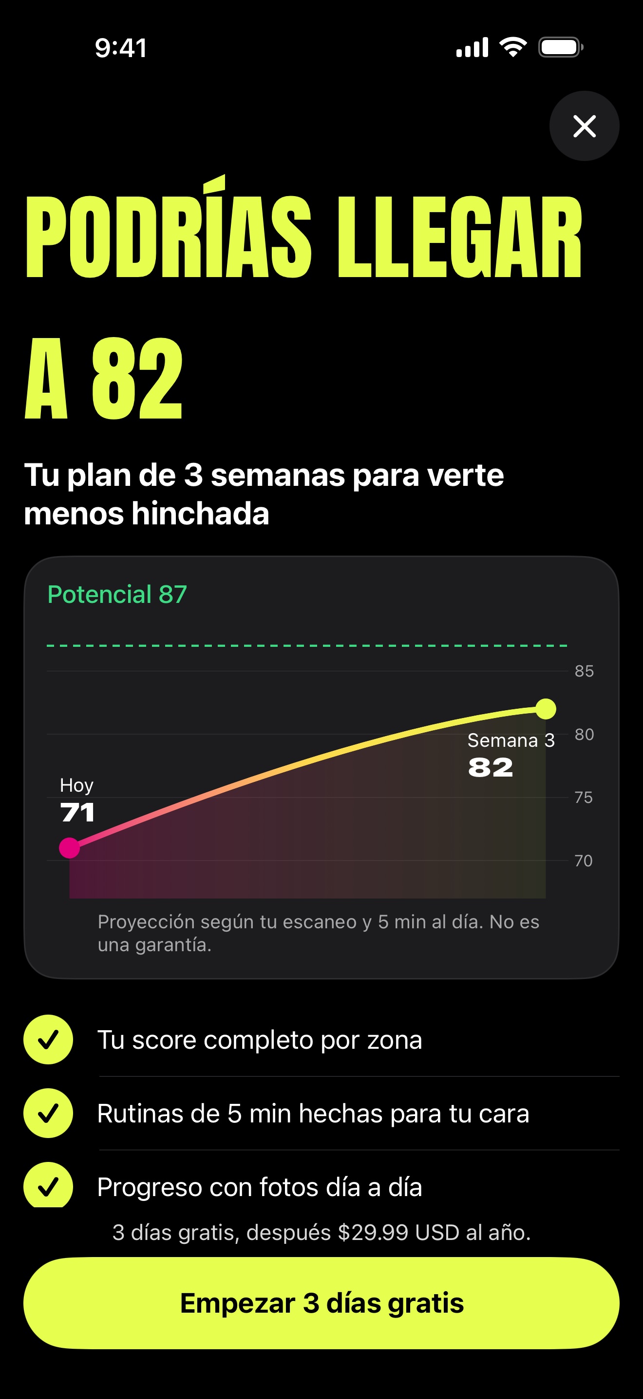 Pantalla de Deshincha Pro: Podrías llegar a 82. Proyección según tu escaneo y 5 minutos al día; no es una garantía.