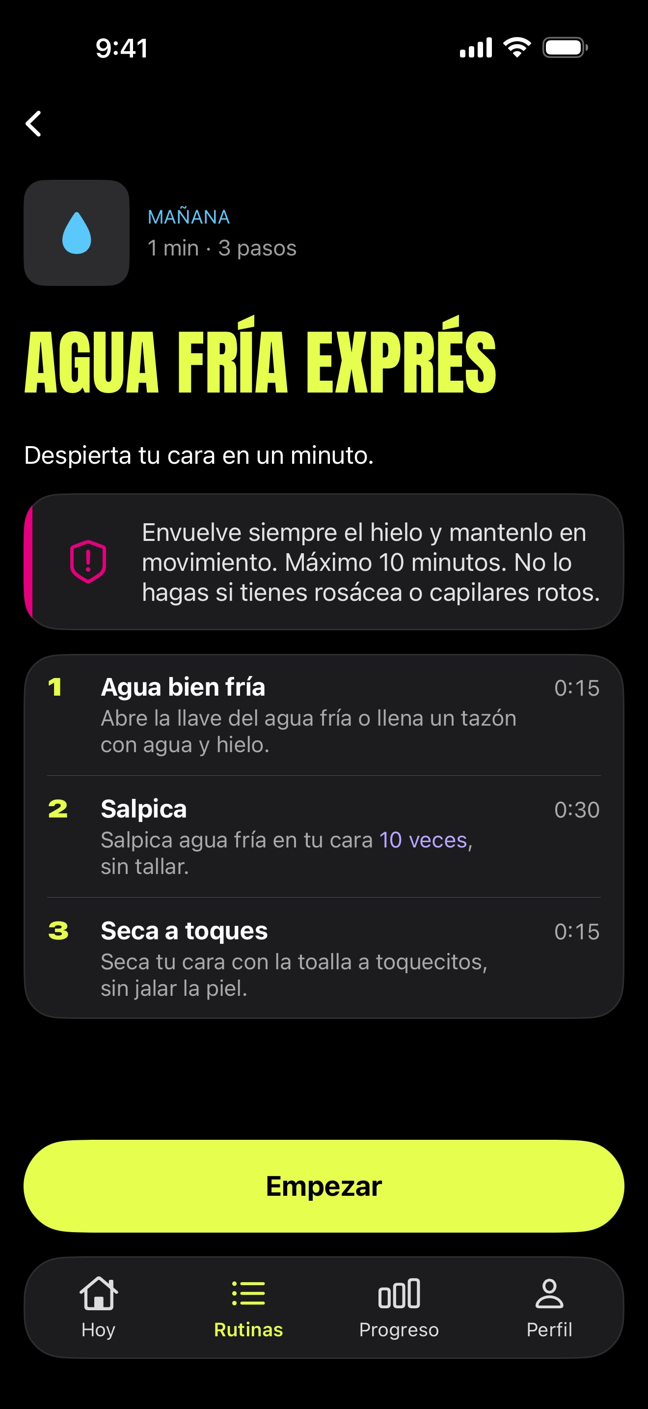 Detalle de la rutina Agua fría exprés: 3 pasos, 1 minuto, con aviso de seguridad.